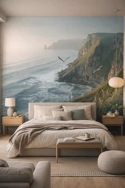Japandi sand-toned coastal cliffs featuring seagulls - Wall Mural Peel and Stick Wallpaper for Japandi Master Bedroom.