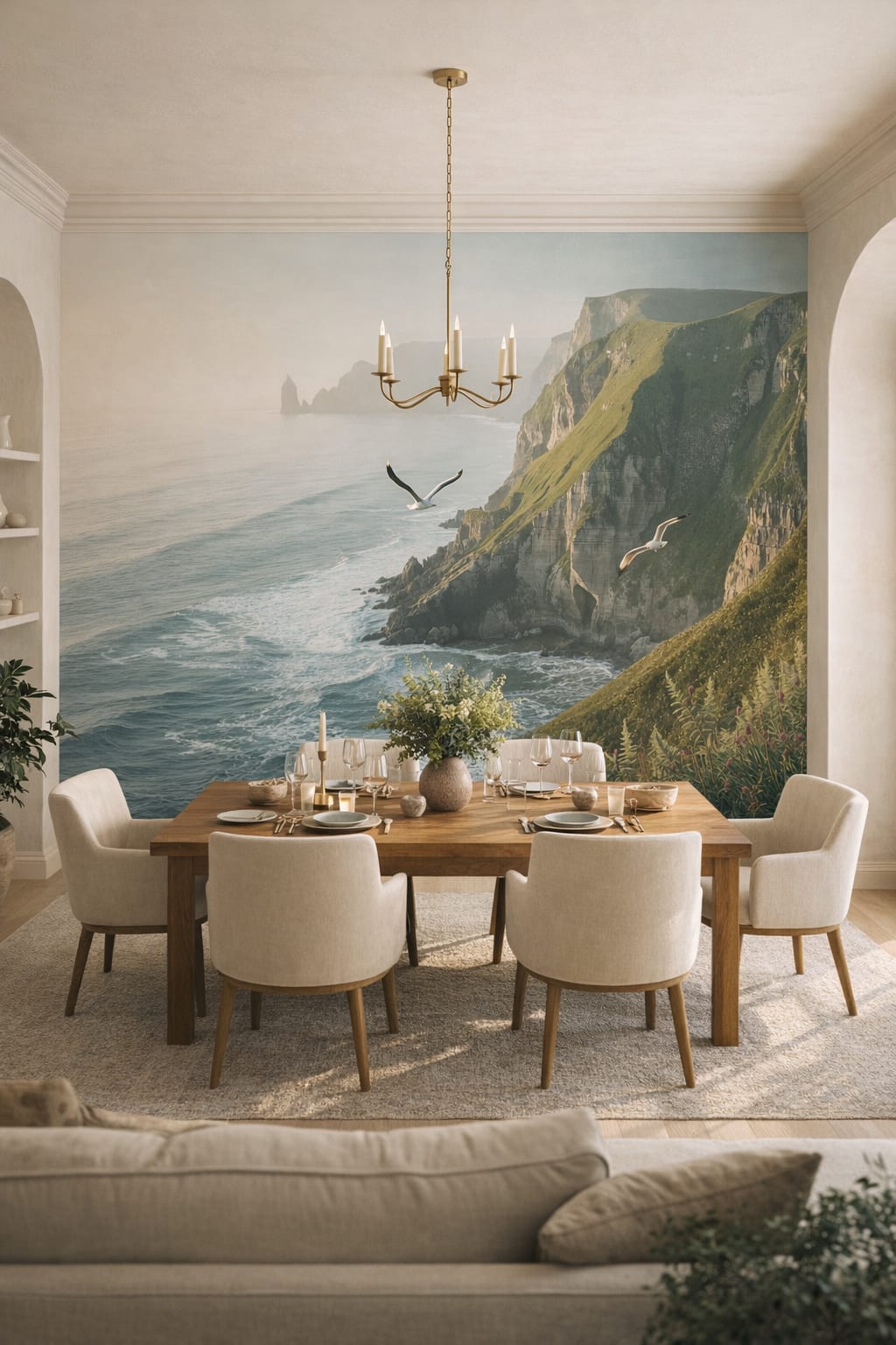 Modern sand-toned coastal cliffs featuring seagulls - Wall Mural Peel and Stick Wallpaper for Mediterranean Modern Formal Dining Room.