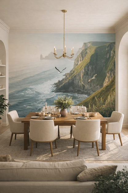 Modern sand-toned coastal cliffs featuring seagulls - Wall Mural Peel and Stick Wallpaper for Mediterranean Modern Formal Dining Room.
