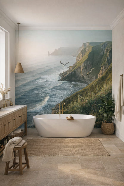 Coastal blue-toned coastal cliffs featuring seagulls - Wall Mural Peel and Stick Wallpaper for Coastal Luxury Bathroom.