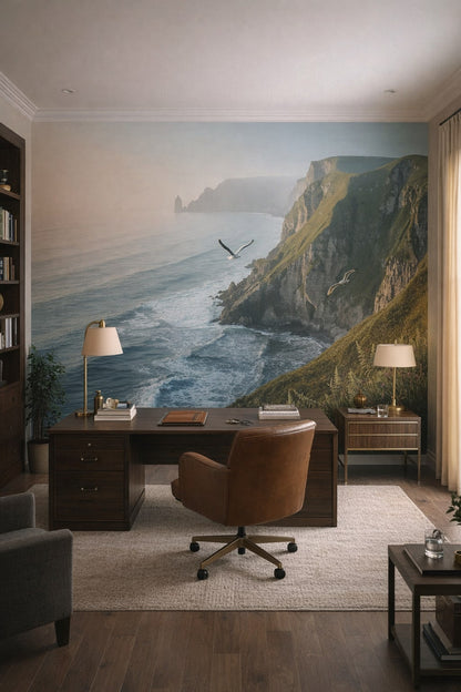 Greige refined coastal cliffs featuring seagulls - Wall Mural Peel and Stick Wallpaper for Quiet Luxury Executive Home Office.