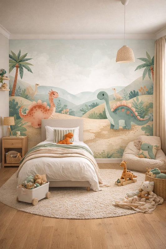 Modern Safari olive-toned dinosaurs featuring palm trees - Wall Mural Peel and Stick Wallpaper for Modern Safari Kids Bedroom.