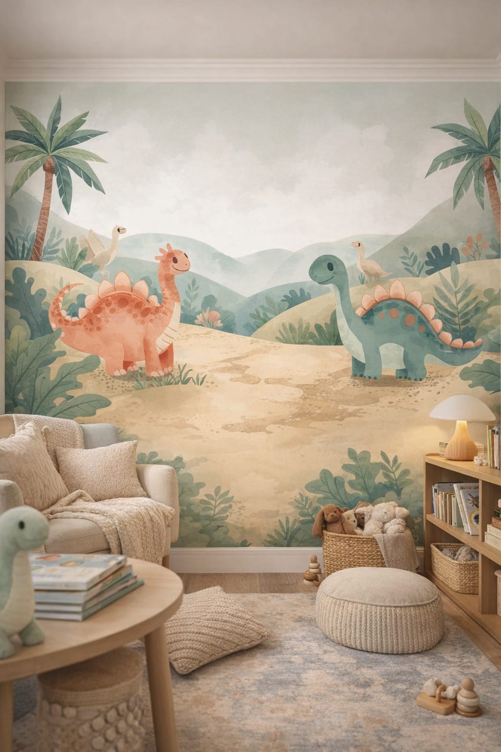 Scandi Kids white-gray dinosaurs featuring palm trees - Wall Mural Peel and Stick Wallpaper for Scandi Kids Reading Corner.