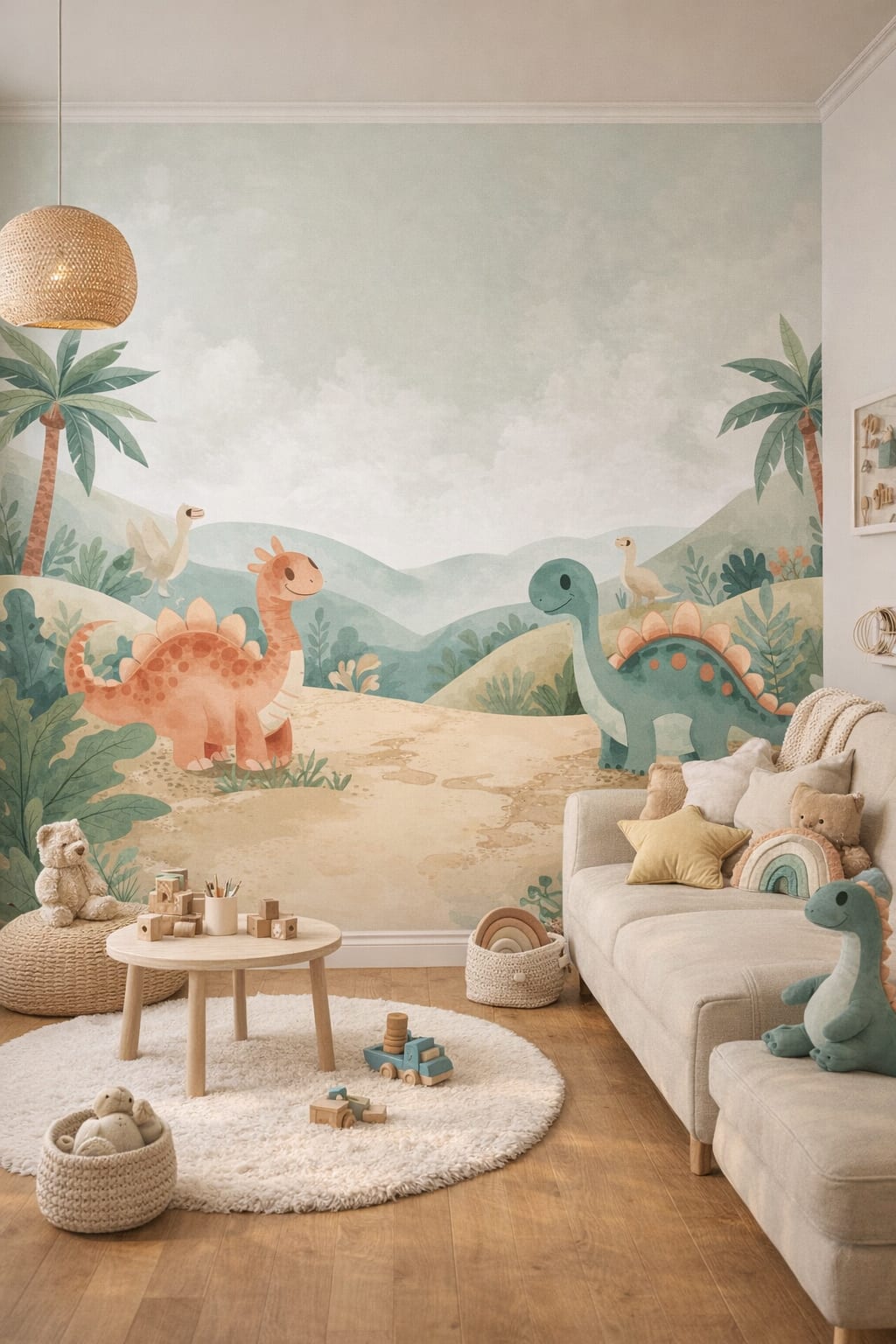 Whimsical Boho sage dinosaurs featuring palm trees - Wall Mural Peel and Stick Wallpaper for Whimsical Boho Playroom.