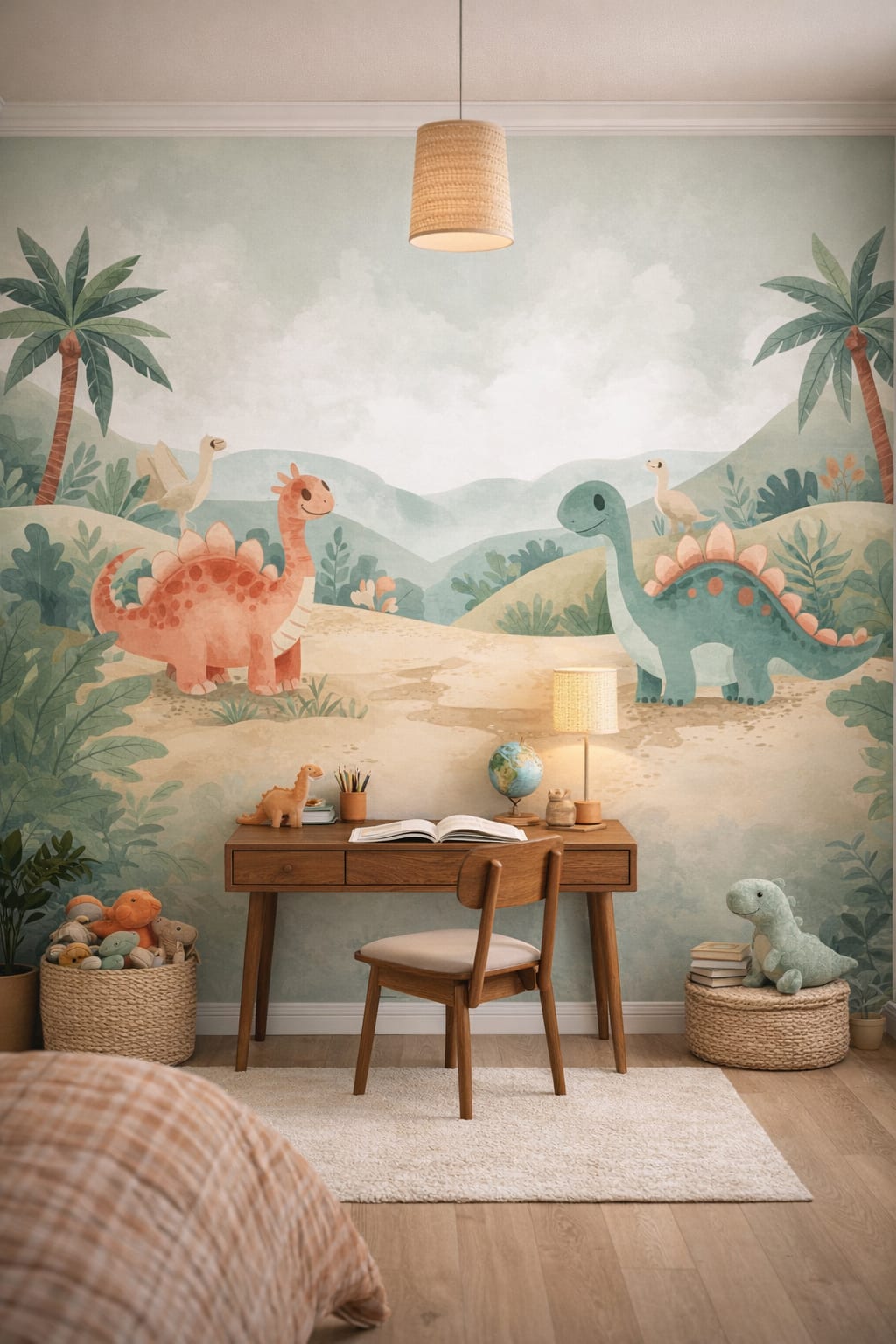 Mid-century Kids teal - dinosaurs featuring palm trees - Wall Mural Peel and Stick Wallpaper for Mid-century Kids Homework / Study Corner.