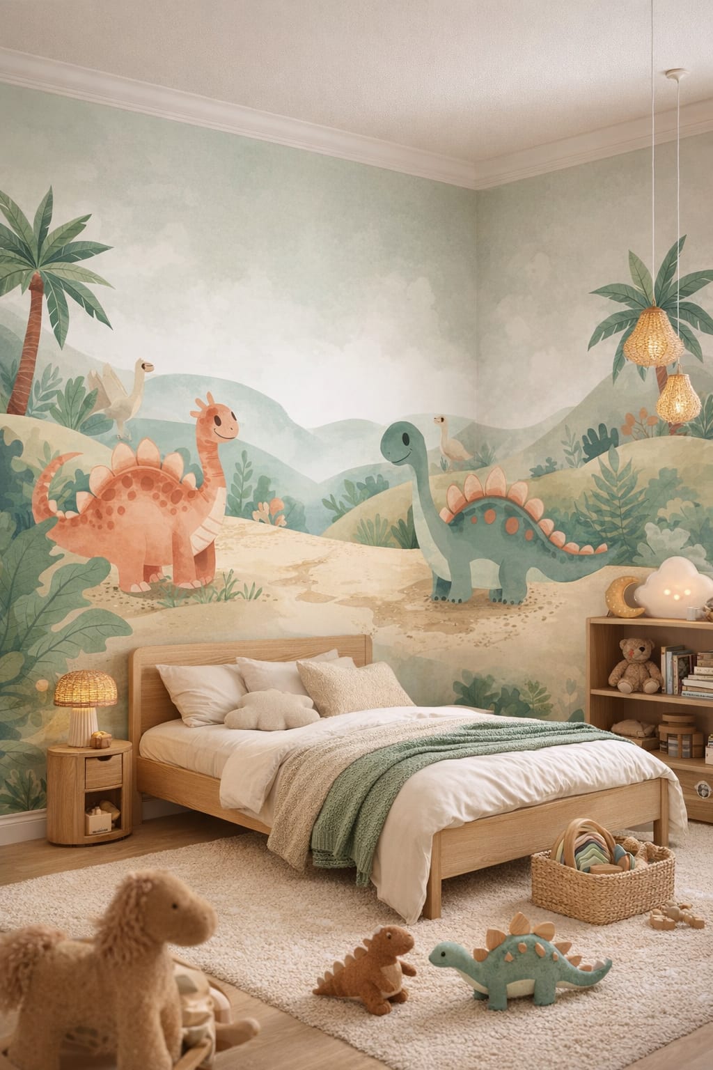 Gender-neutral contemporary mint-gray dinosaurs featuring palm trees - Wall Mural Peel and Stick Wallpaper for Gender-Neutral Contemporary Kids Bedroom.