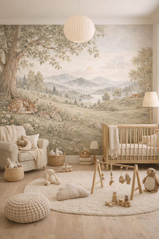 Scandi Kids white woodland animals featuring forest landscape - Wall Mural Peel and Stick Wallpaper for Scandi Kids Nursery.