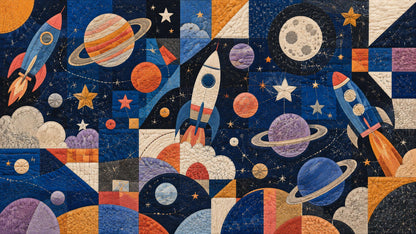 Playful quilted Navy Rocket ships featuring planets, stars and moon - Wall Mural & Peel and Stick Wallpaper for Illustrated Nursery or Kids Room.
