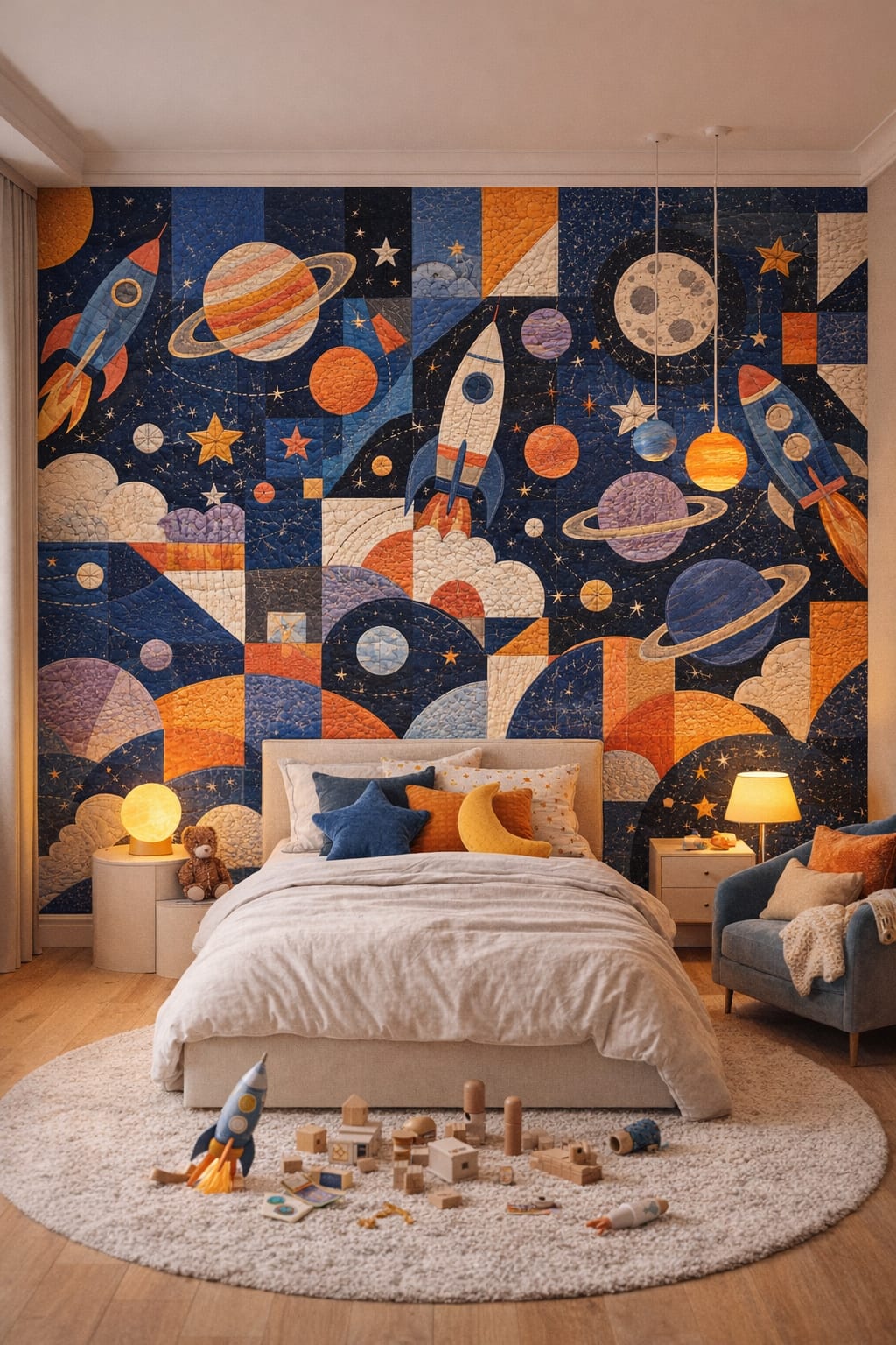 Celestial navy rocket ships featuring planets - Wall Mural Peel and Stick Wallpaper for Outer Space / Celestial Kids Bedroom.