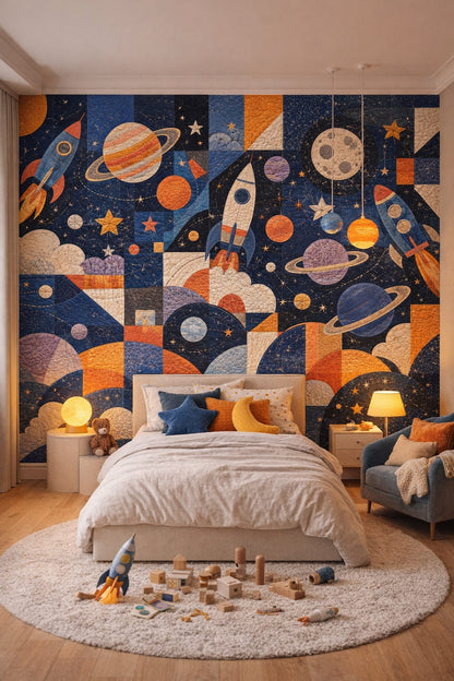 Celestial navy rocket ships featuring planets - Wall Mural Peel and Stick Wallpaper for Outer Space / Celestial Kids Bedroom.