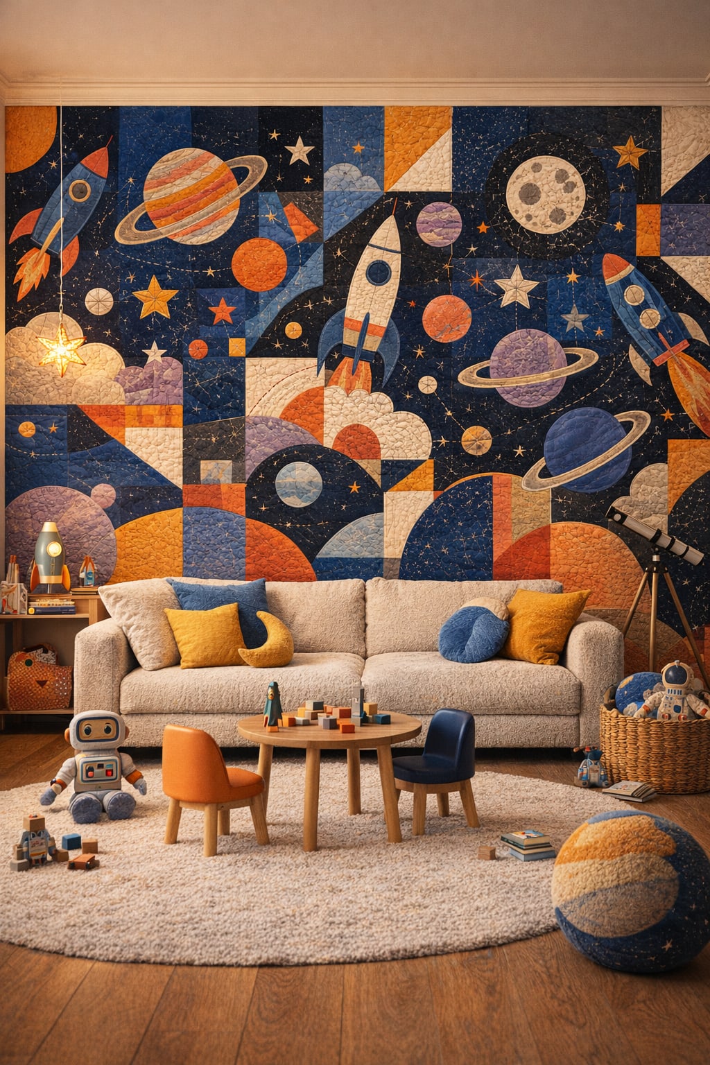Space Age orange rocket ships featuring planets - Wall Mural Peel and Stick Wallpaper for Space Age Playroom.