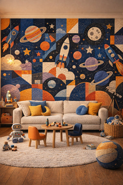 Space Age orange rocket ships featuring planets - Wall Mural Peel and Stick Wallpaper for Space Age Playroom.
