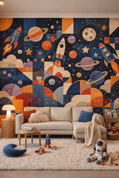 Scandi Kids white rocket ships featuring planets - Wall Mural Peel and Stick Wallpaper for Scandi Kids Reading Corner.