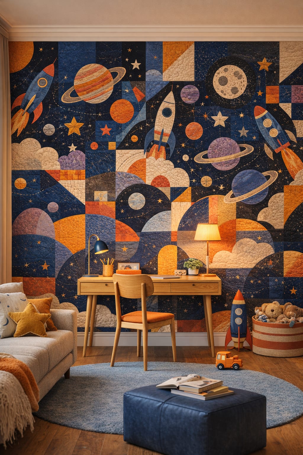 Teal walnut rocket ships featuring planets - Wall Mural Peel and Stick Wallpaper for Mid-century Kids Homework / Study Corner.