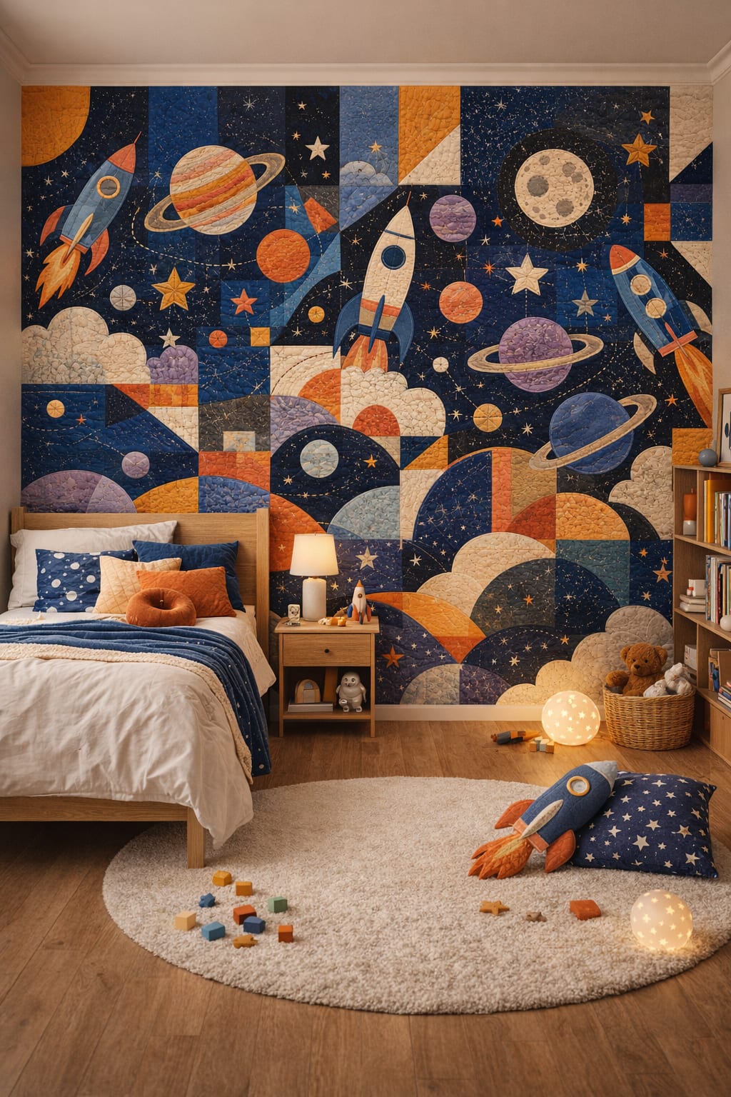 Gender-Neutral Contemporary gray rocket ships featuring planets - Wall Mural Peel and Stick Wallpaper for Gender-Neutral Contemporary Kids Bedroom.