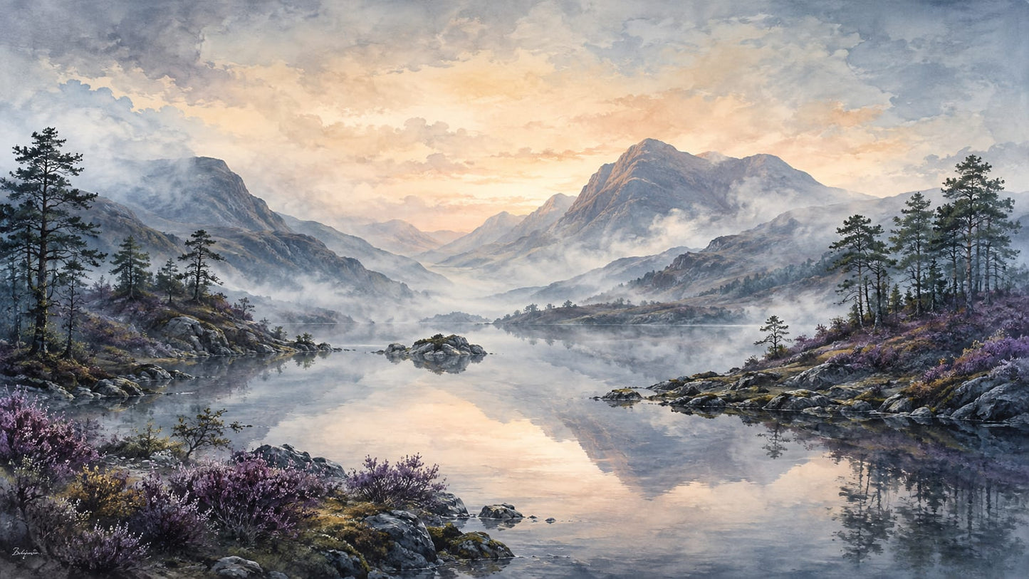 Serene painterly Slate Blue mountain lake featuring pine trees and wildflowers - Wall Mural & Peel and Stick Wallpaper for Painterly Interiors and Premium Home Styling