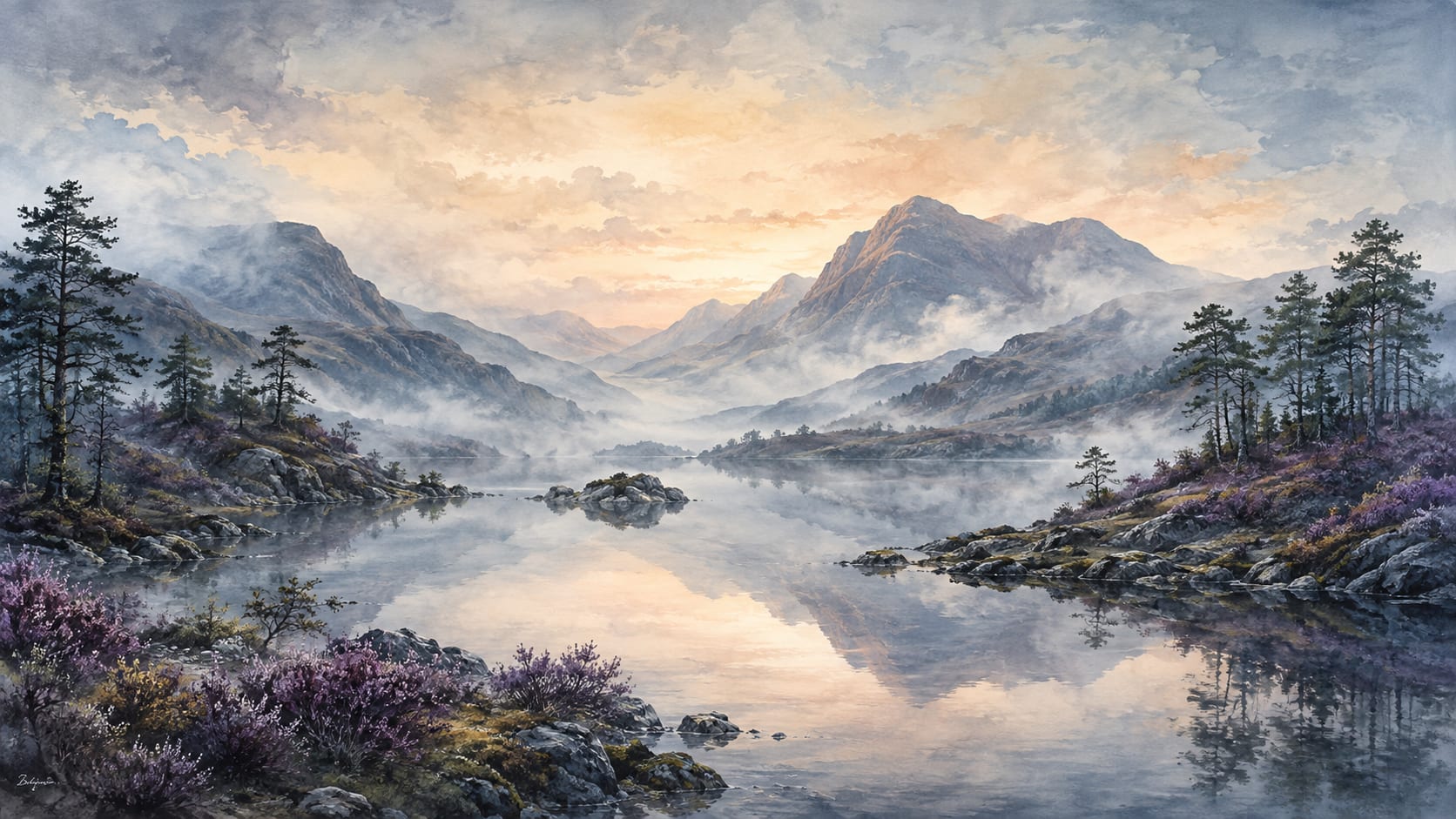 Serene painterly Slate Blue mountain lake featuring pine trees and wildflowers - Wall Mural & Peel and Stick Wallpaper for Painterly Interiors and Premium Home Styling