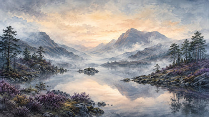 Serene painterly Slate Blue mountain lake featuring pine trees and wildflowers - Wall Mural & Peel and Stick Wallpaper for Painterly Interiors and Premium Home Styling