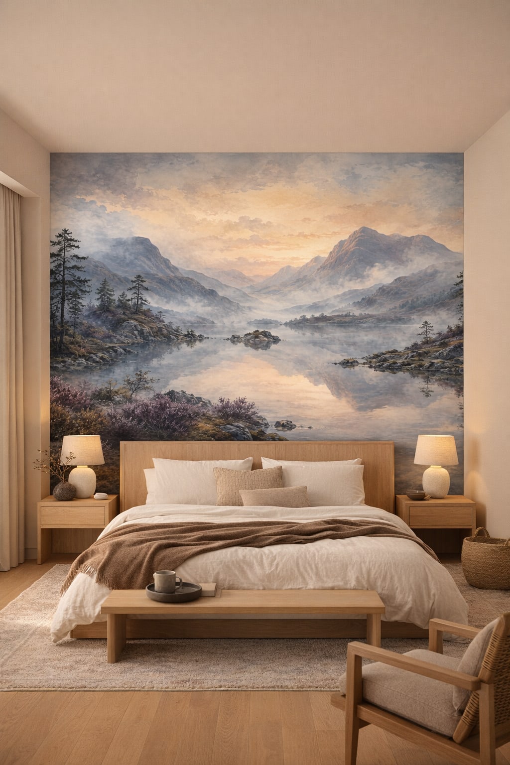Japandi sand mountain lake featuring pine trees - Wall Mural Peel and Stick Wallpaper for Japandi Master Bedroom.