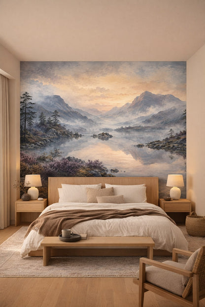 Japandi sand mountain lake featuring pine trees - Wall Mural Peel and Stick Wallpaper for Japandi Master Bedroom.