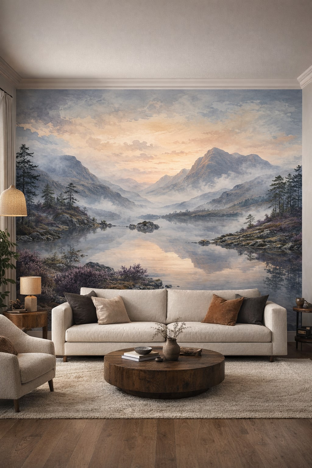 Organic Modern cream-sand mountain lake featuring pine trees - Wall Mural Peel and Stick Wallpaper for Organic Modern Living Room.