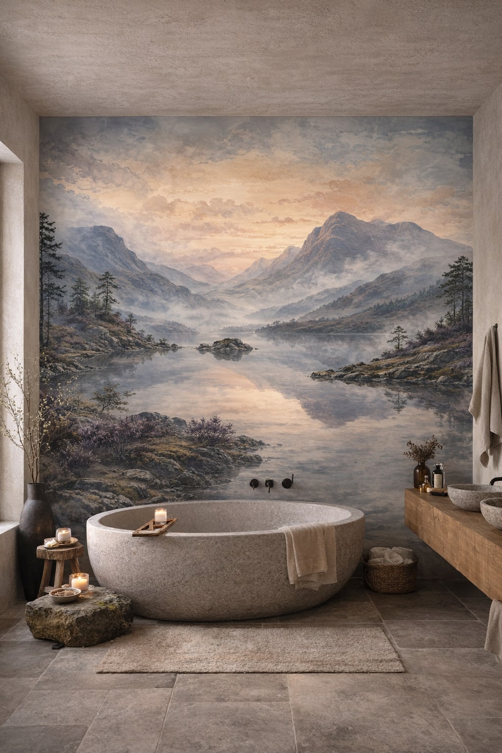 Muted earth-tone Wabi-sabi mountain lake featuring pine trees - Wall Mural Peel and Stick Wallpaper for Wabi-sabi Luxury Bathroom.