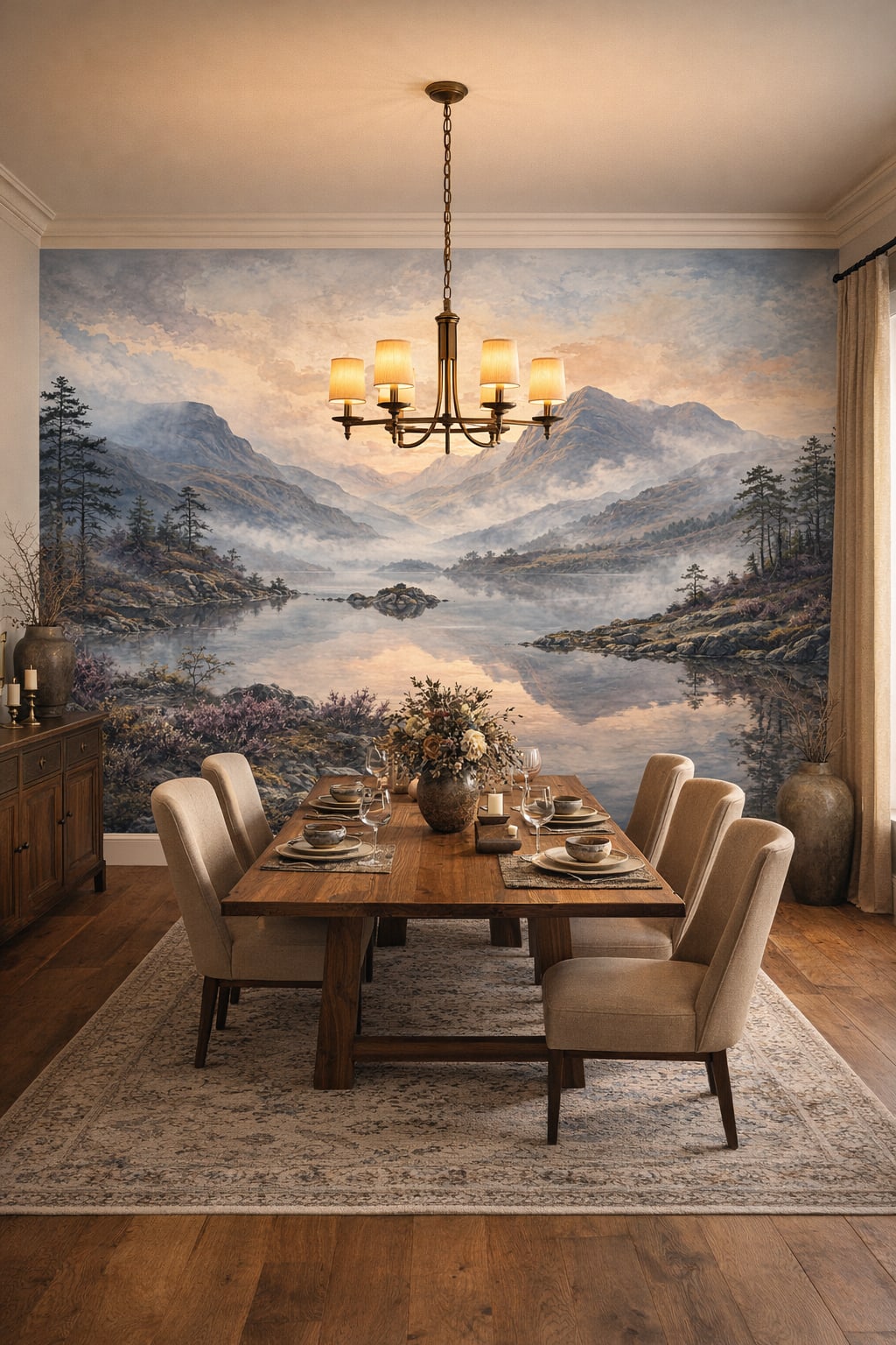 Rustic sand Modern charcoal mountain lake featuring pine trees - Wall Mural Peel and Stick Wallpaper for Rustic Modern Formal Dining Room.