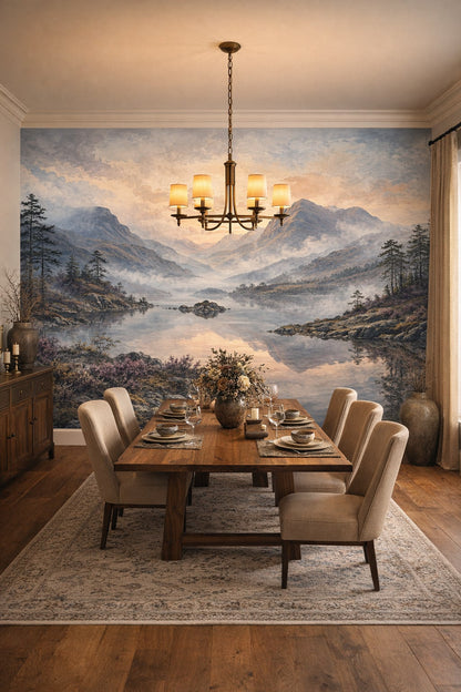 Rustic sand Modern charcoal mountain lake featuring pine trees - Wall Mural Peel and Stick Wallpaper for Rustic Modern Formal Dining Room.