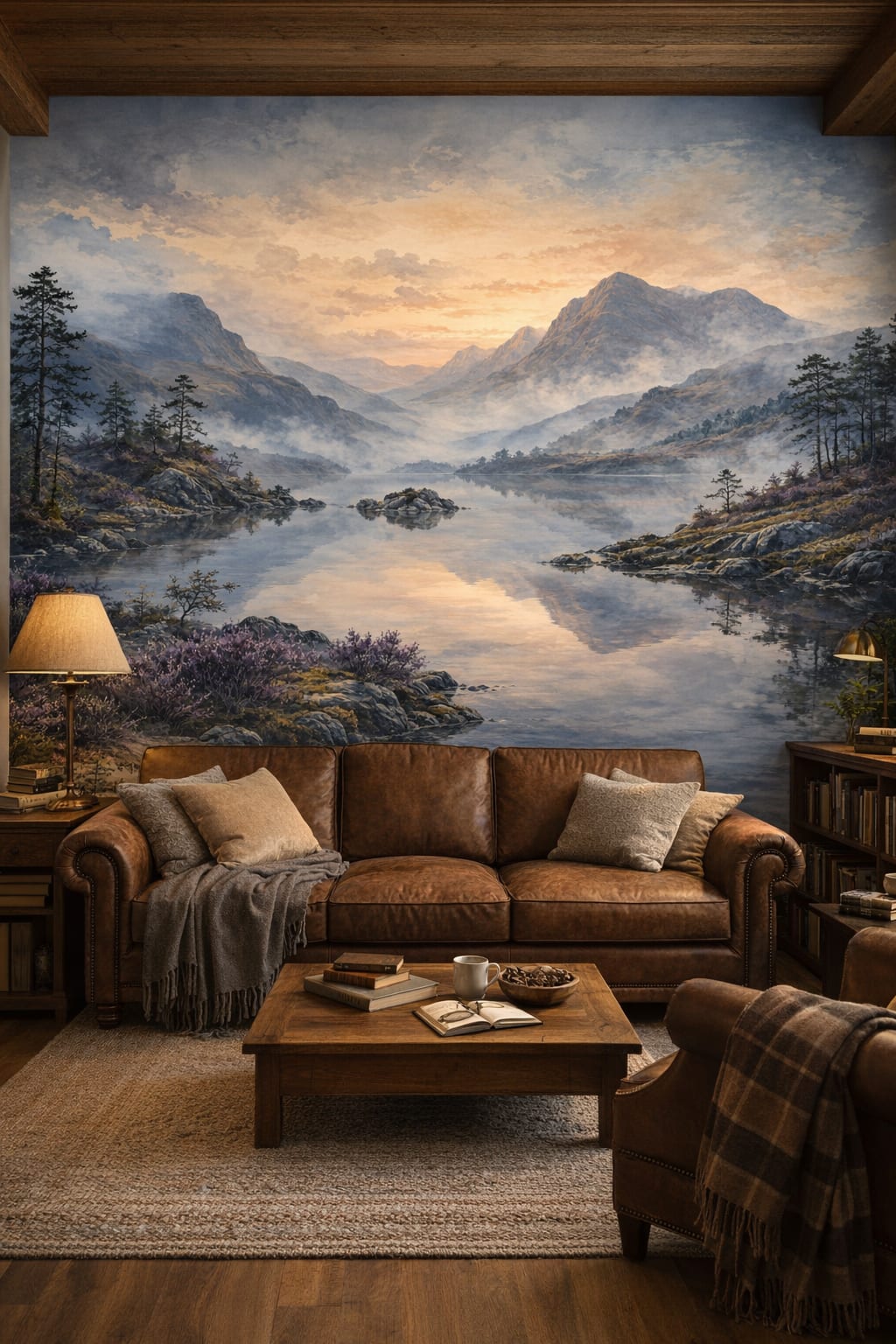 Cream wood Alpine / Chalet mountain lake featuring pine trees - Wall Mural Peel and Stick Wallpaper for Alpine / Chalet Reading Room.
