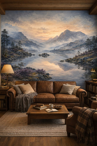 Cream wood Alpine / Chalet mountain lake featuring pine trees - Wall Mural Peel and Stick Wallpaper for Alpine / Chalet Reading Room.