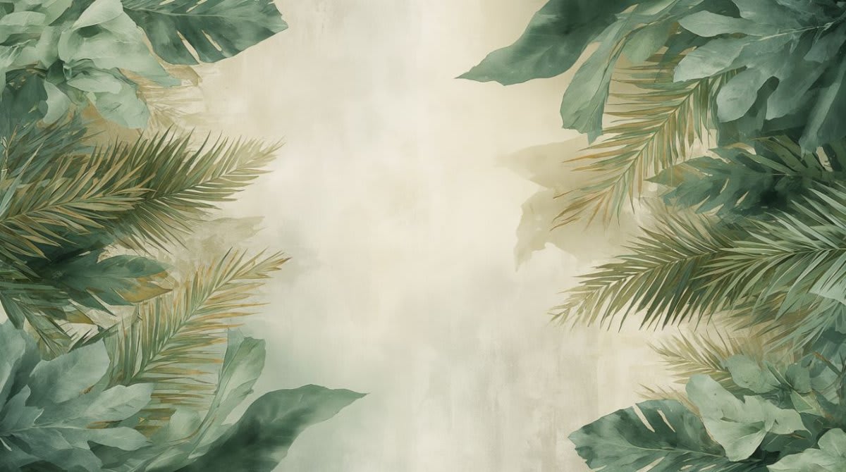 Serene airy Sage Green tropical foliage featuring palm fronds and banana leaves - Wall Mural & Peel and Stick Wallpaper for Watercolor Interiors and Premium Home Styling.