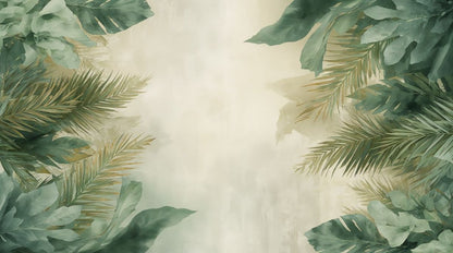 Serene airy Sage Green tropical foliage featuring palm fronds and banana leaves - Wall Mural & Peel and Stick Wallpaper for Watercolor Interiors and Premium Home Styling.