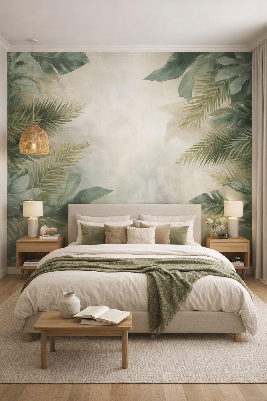 Cream-olive Organic Modern tropical foliage featuring palm fronds - Wall Mural Peel and Stick Wallpaper for Organic Modern Master Bedroom.