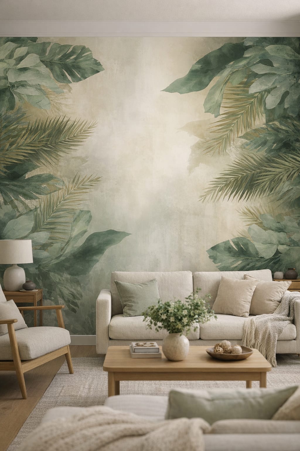 Sand-tone Japandi, minimalist tropical foliage featuring palm fronds - Wall Mural Peel and Stick Wallpaper for Japandi Living Room.