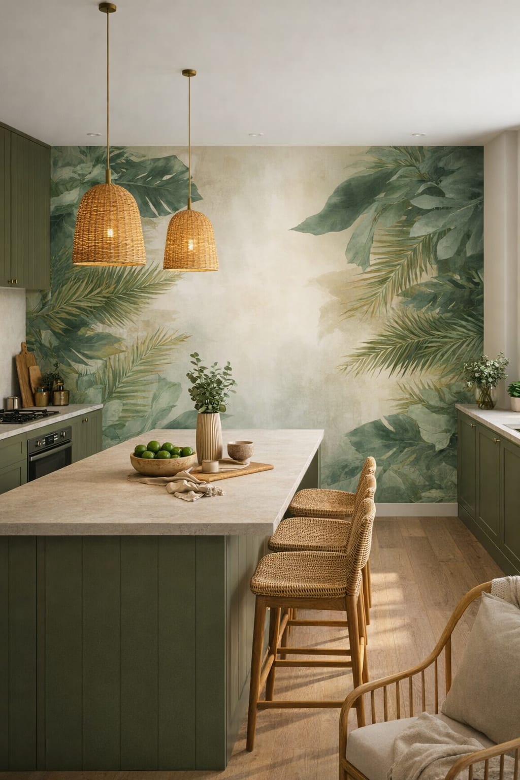 Tropical Modern, white-green tropical foliage featuring palm fronds - Wall Mural Peel and Stick Wallpaper for Tropical Modern High-end Kitchen.