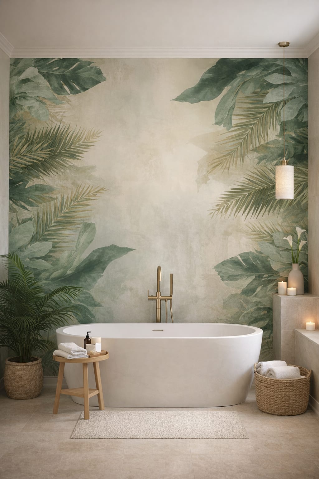 Resort Style sand-white tropical foliage featuring palm fronds - Wall Mural Peel and Stick Wallpaper for Resort Style Luxury Bathroom.
