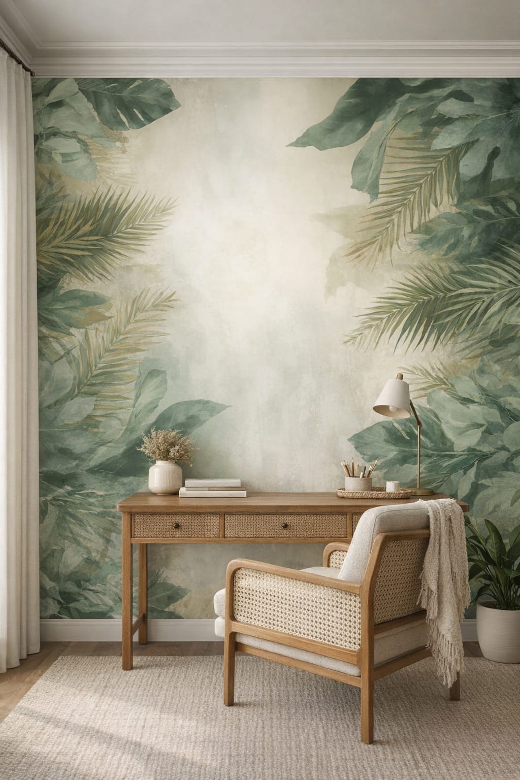 Coastal white tropical foliage featuring palm fronds - Wall Mural Peel and Stick Wallpaper for Coastal Home Office.