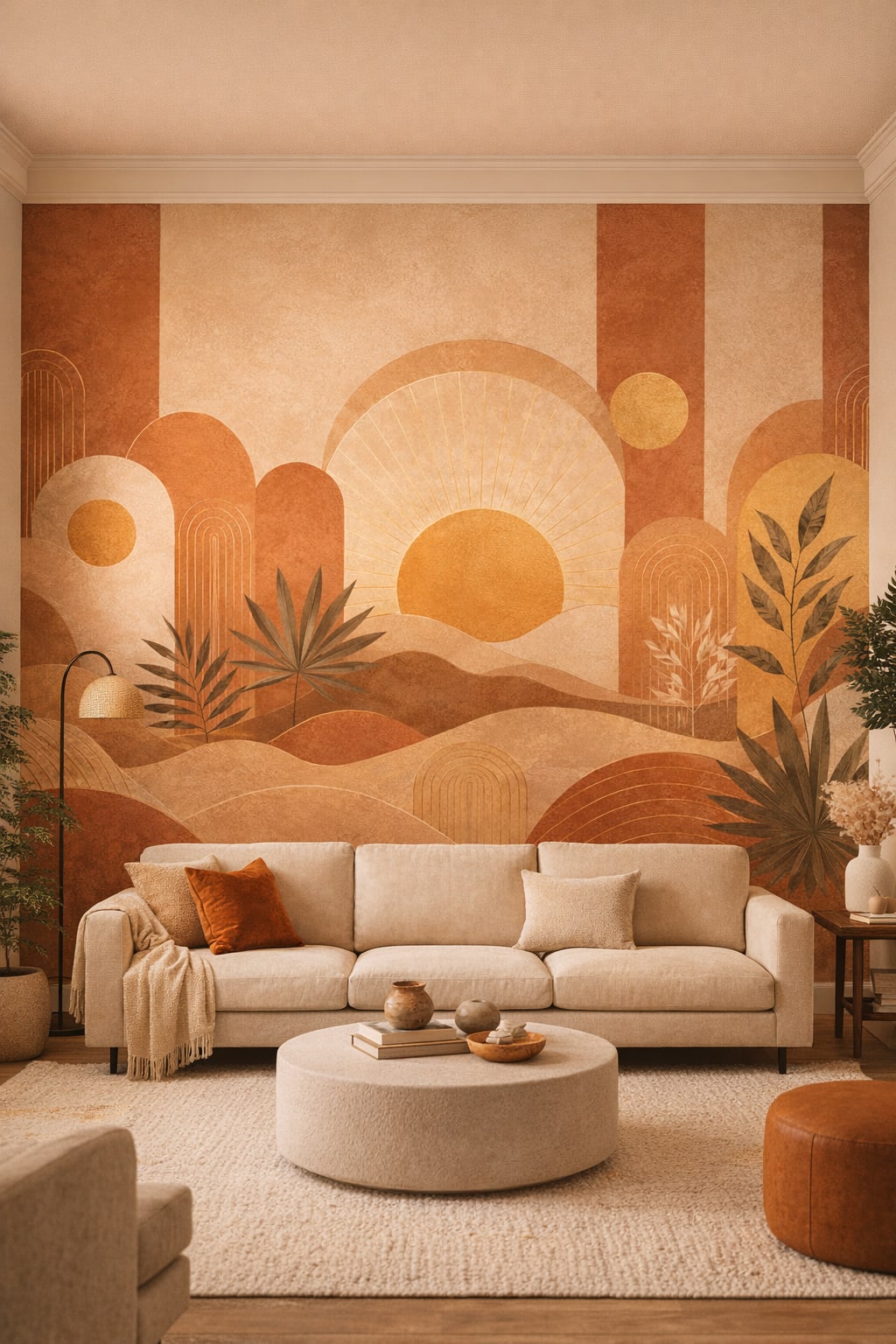 Sand-toned Desert Modern abstract desert landscape featuring stylized sun - Wall Mural Peel and Stick Wallpaper for Desert Modern Living Room.