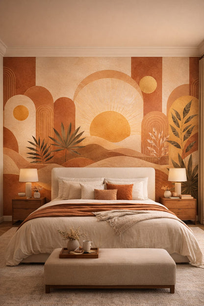 Organic Modern cream-and-sand abstract desert landscape featuring stylized sun - Wall Mural Peel and Stick Wallpaper for Organic Modern Master Bedroom.