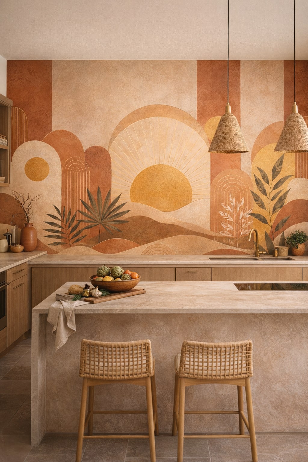 Sand white abstract desert landscape featuring stylized sun - Wall Mural Peel and Stick Wallpaper for Mediterranean Modern High-end Kitchen.