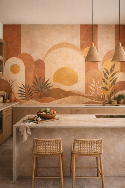 Sand white abstract desert landscape featuring stylized sun - Wall Mural Peel and Stick Wallpaper for Mediterranean Modern High-end Kitchen.