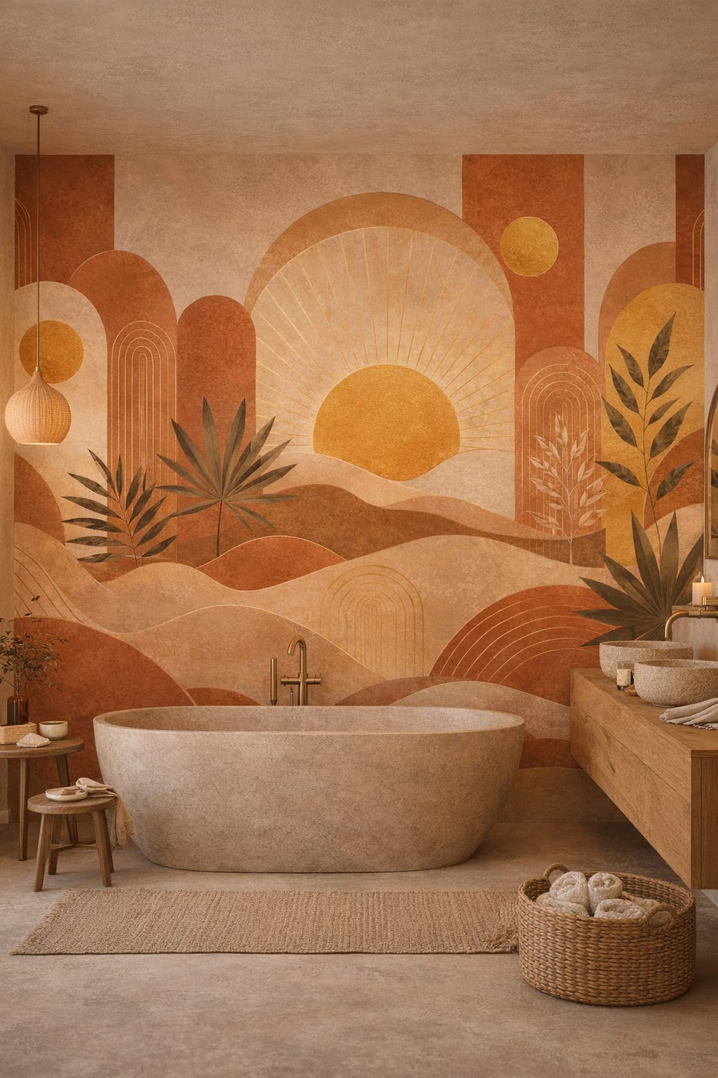 Wabi-sabi muted-earth abstract desert landscape featuring stylized sun - Wall Mural Peel and Stick Wallpaper for Wabi-sabi Luxury Bathroom.