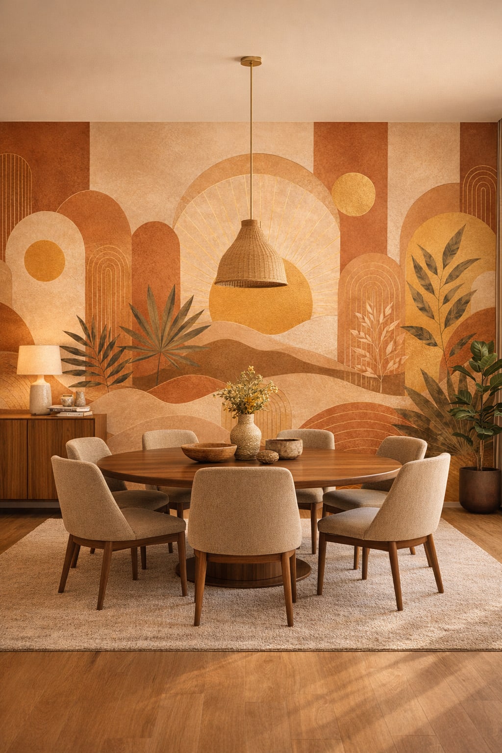 White Brazilian Modernism abstract desert landscape featuring stylized sun - Wall Mural Peel and Stick Wallpaper for Brazilian Modernism Formal Dining Room.