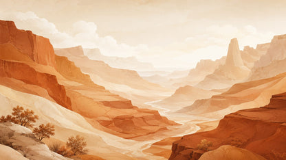 Sun-washed painterly Terracotta desert canyon featuring river landscape - Wall Mural & Peel and Stick Wallpaper for Painterly Interiors and Premium Home Styling