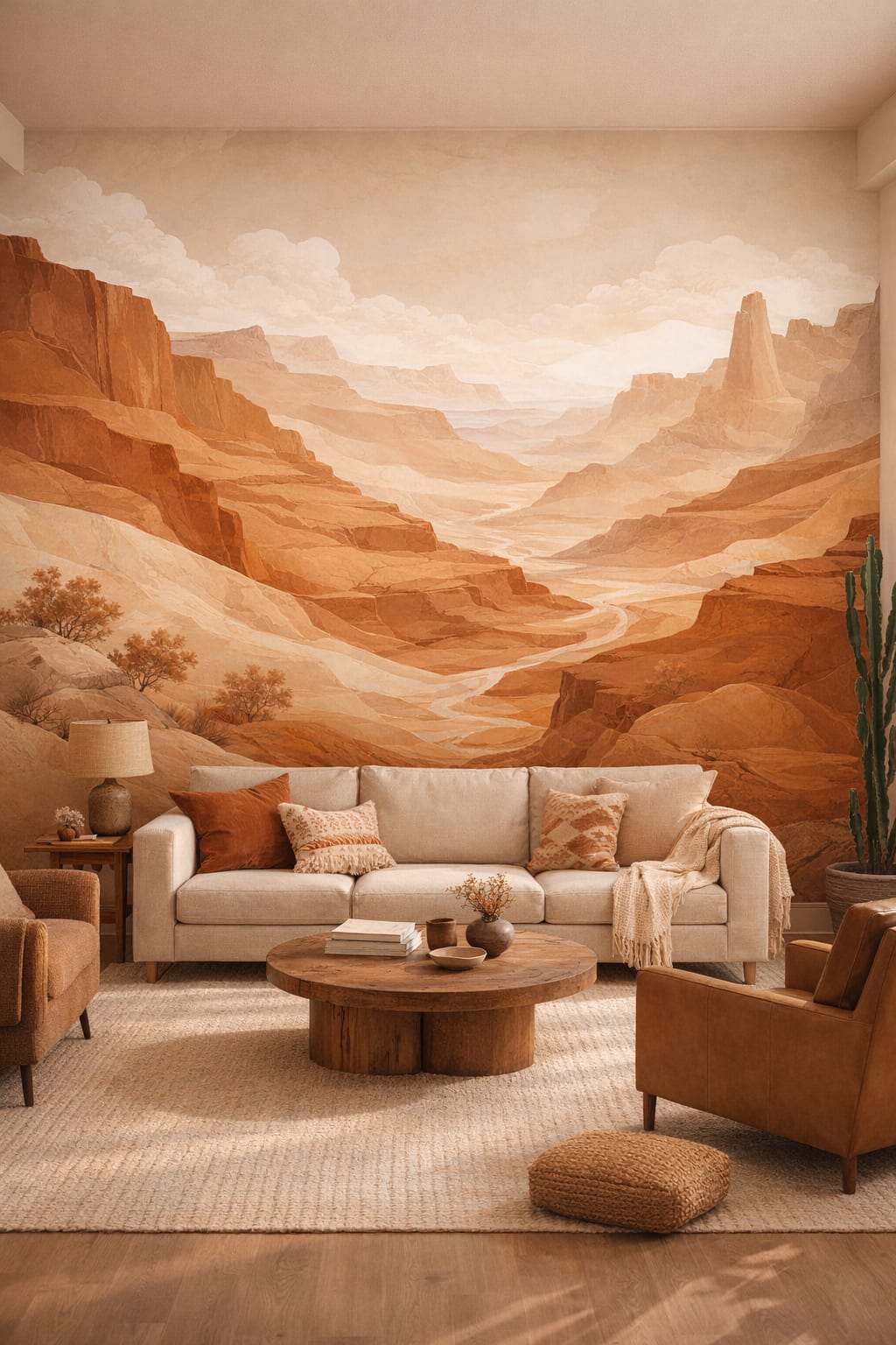 Desert Modern sand-toned desert canyon featuring river landscape - Wall Mural Peel and Stick Wallpaper for Desert Modern Living Room.