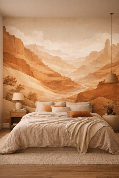 Wabi-sabi muted-earth desert canyon featuring river landscape - Wall Mural Peel and Stick Wallpaper for Wabi-sabi Master Bedroom.