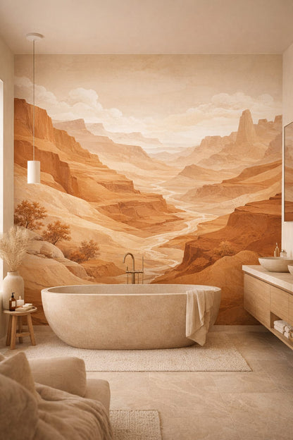 Organic Modern cream desert canyon featuring river landscape - Wall Mural Peel and Stick Wallpaper for Organic Modern Luxury Bathroom.