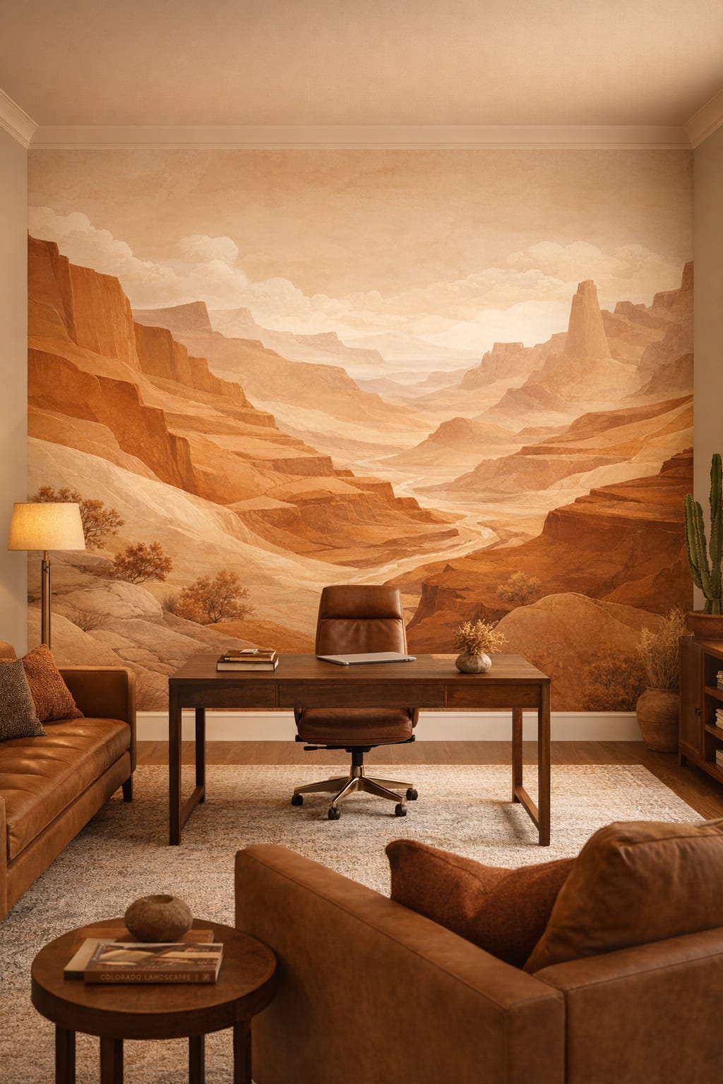 Rustic Modern sand-toned desert canyon featuring river landscape - Wall Mural Peel and Stick Wallpaper for Rustic Modern Executive Home Office.