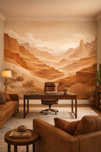 Rustic Modern sand-toned desert canyon featuring river landscape - Wall Mural Peel and Stick Wallpaper for Rustic Modern Executive Home Office.