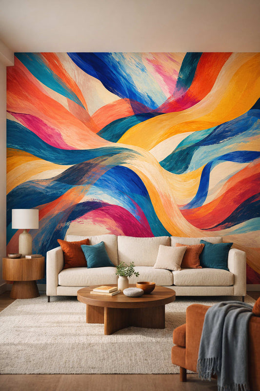 Contemporary vibrant abstract brushstrokes - Wall Mural Peel and Stick Wallpaper for Contemporary Living Room.
